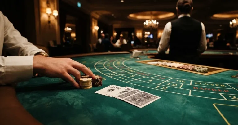 Elegantan stol za baccarat u casinu, zeleno sukno, špil karata, žetoni i djelitelj u prsluku, prigušena rasvjeta.