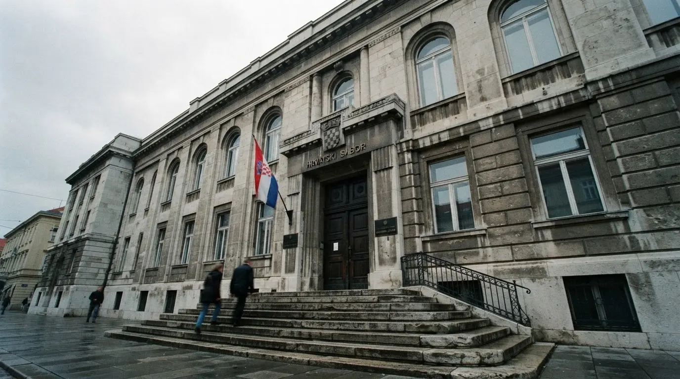 Pročelje zagrebačke ministarske zgrade od sivog kamena s visokim vratima i zastavom, oblačno nebo iznad.