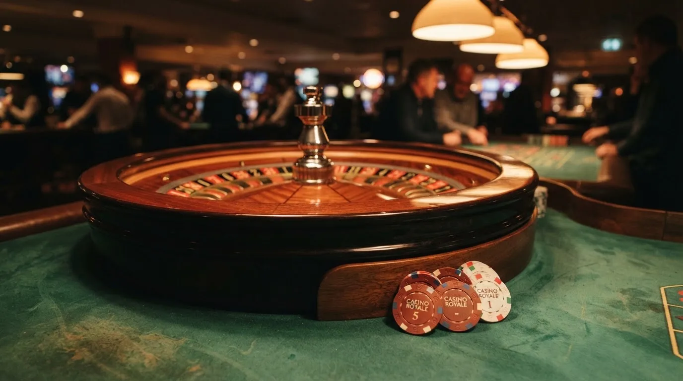 Kotač ruleta i žetoni na zelenom suknu pod toplim večernjim svjetlom — besplatni casina u hrvatskoj