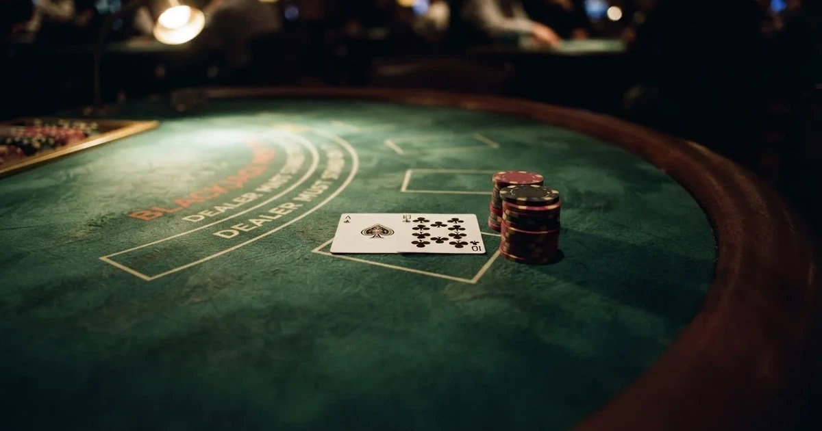 Osvijetljen stol za igru s kartama, snimljen odozgo — blackjack casina u hrvatskoj