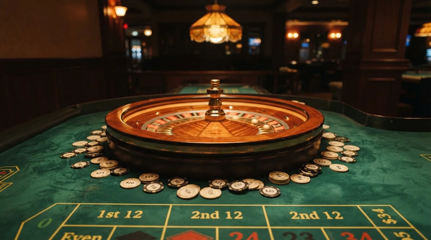 Kotač ruleta i žetoni na zelenom suknu pod toplim večernjim svjetlom — blackjack casina u hrvatskoj