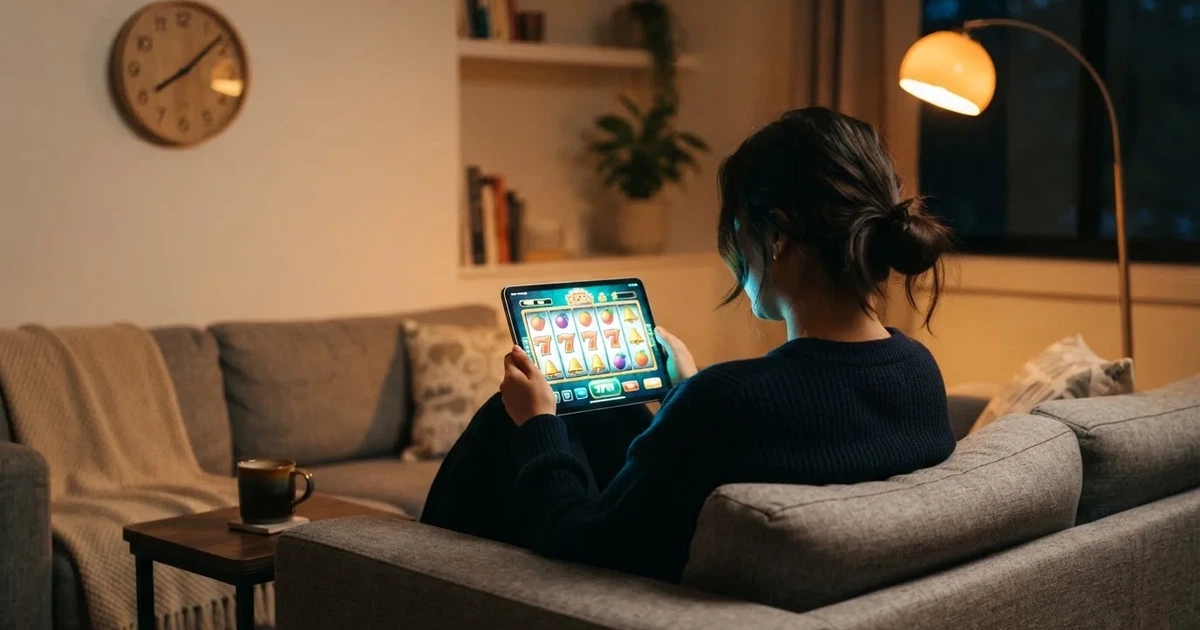 Osoba na kauču zamišljeno gleda tablet, a iza nje je sat na zidu — bonusi bez depozita u kasinu
