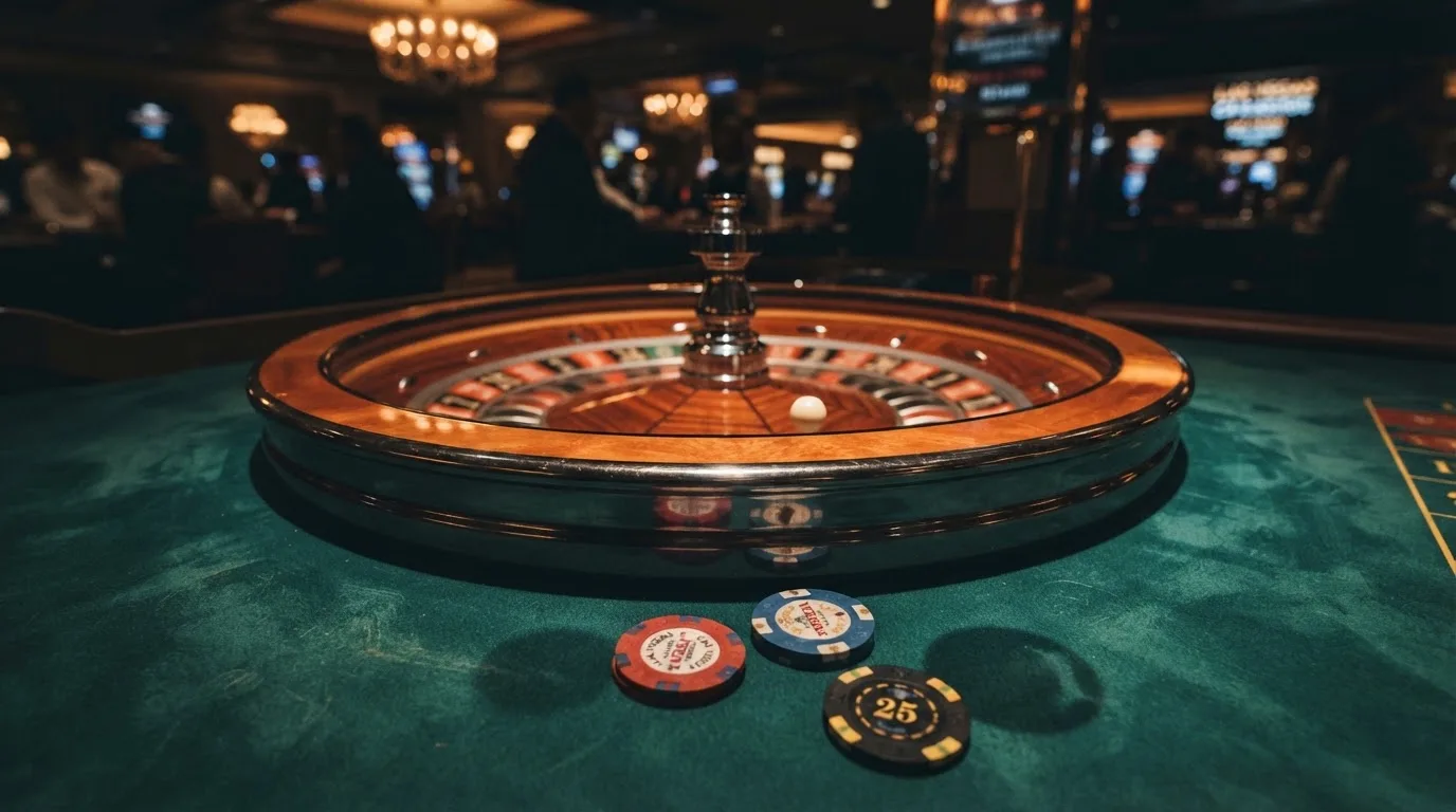 Kotač ruleta i žetoni na zelenom suknu pod toplim večernjim svjetlom — bonusi bez depozita u kasinu