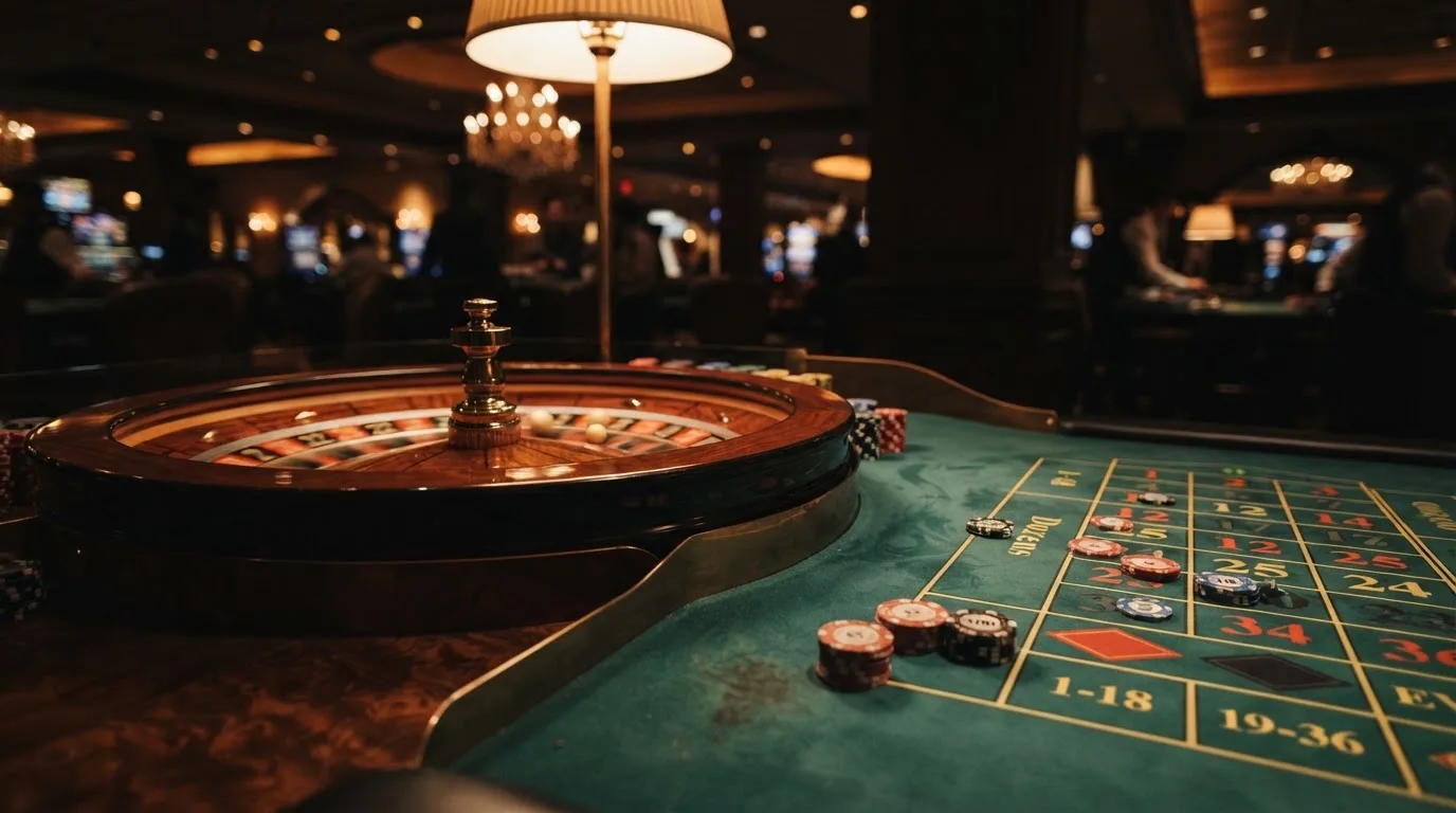 Kotač ruleta i žetoni na zelenom suknu pod toplim večernjim svjetlom — casina za android u hrvatskoj