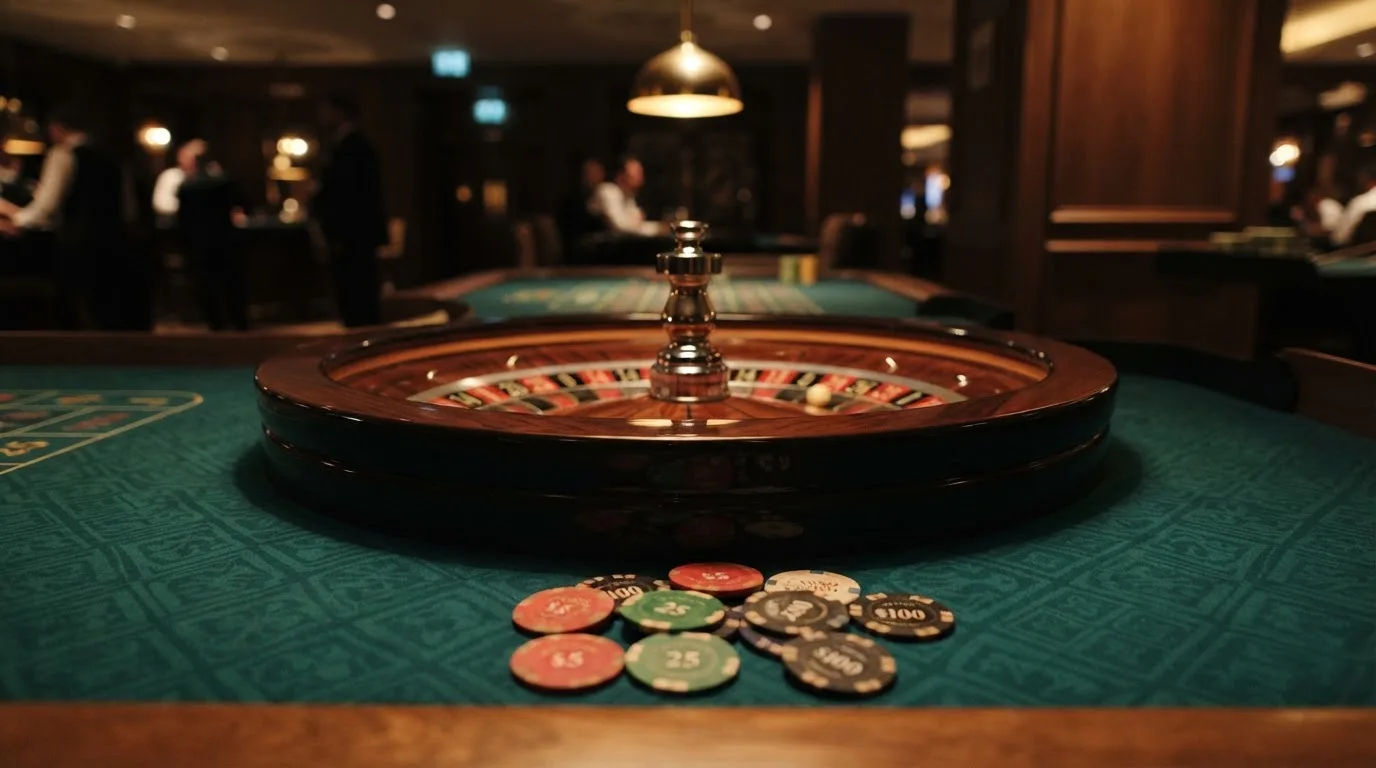 Kotač ruleta i žetoni na zelenom suknu pod toplim večernjim svjetlom — casina za iphone u hrvatskoj