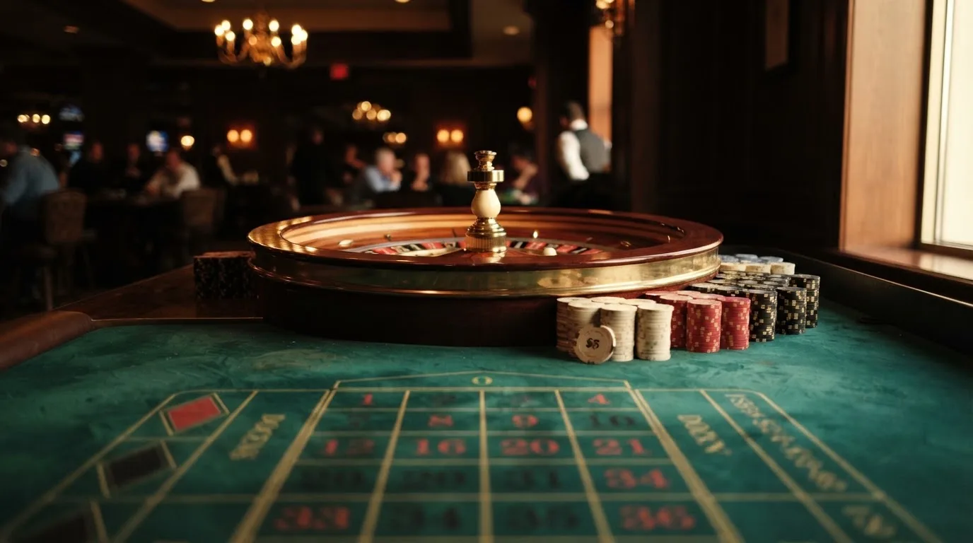 Kotač ruleta i žetoni na zelenom suknu pod toplim večernjim svjetlom — casino aparati u hrvatskoj