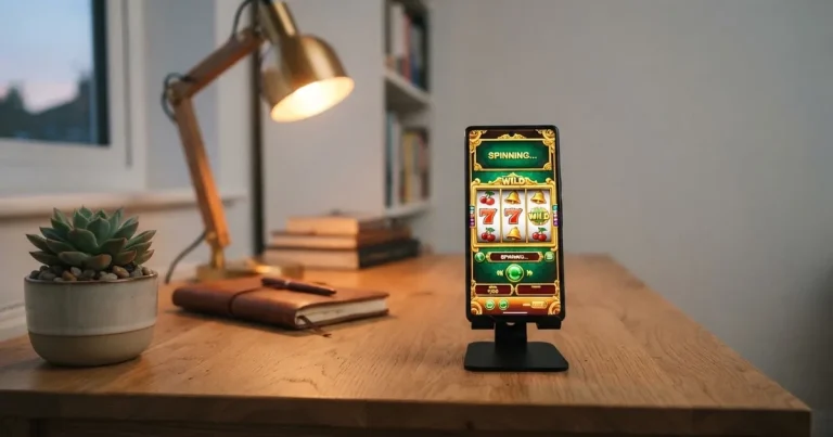 Mobitel na stalku na stolu, ispred njega miran radni kutak s lampom i biljkom, zaslon meko svijetli.