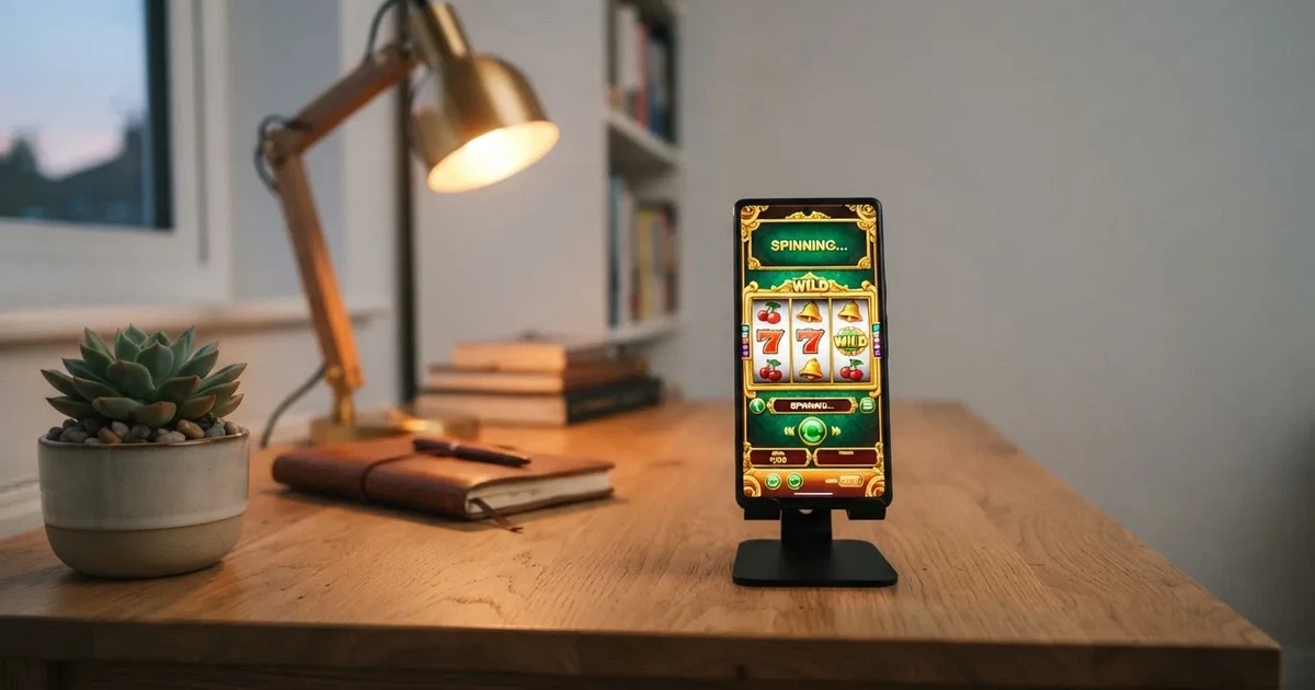 Mobitel na stalku na stolu, ispred njega miran radni kutak s lampom i biljkom, zaslon meko svijetli.