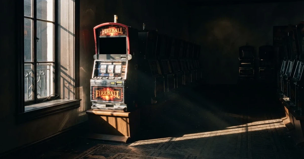 Red automata s ugašenim zaslonima u tamnoj dvorani, kroz prozor pada jedna zraka dnevnog svjetla.