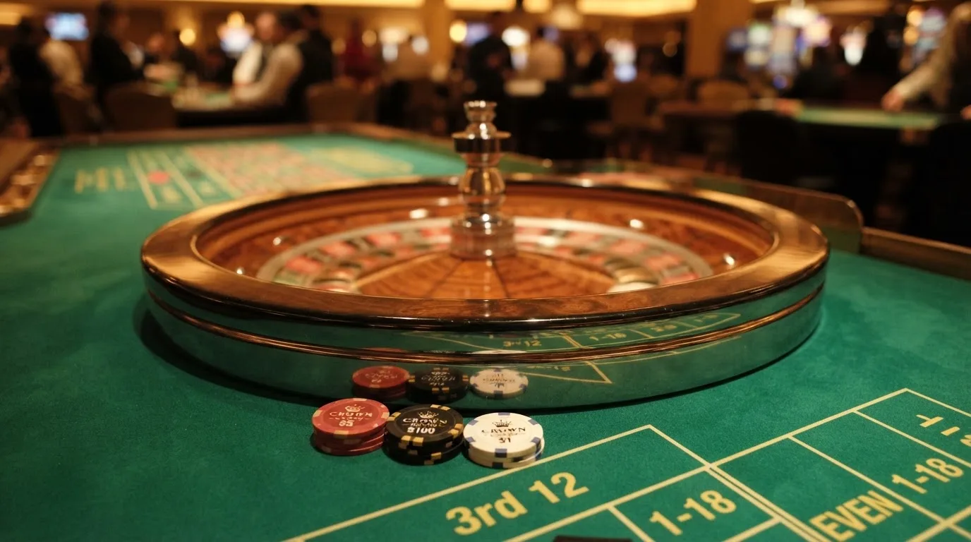 Kotač ruleta i žetoni na zelenom suknu pod toplim večernjim svjetlom — casino bez registracije u hrvatskoj