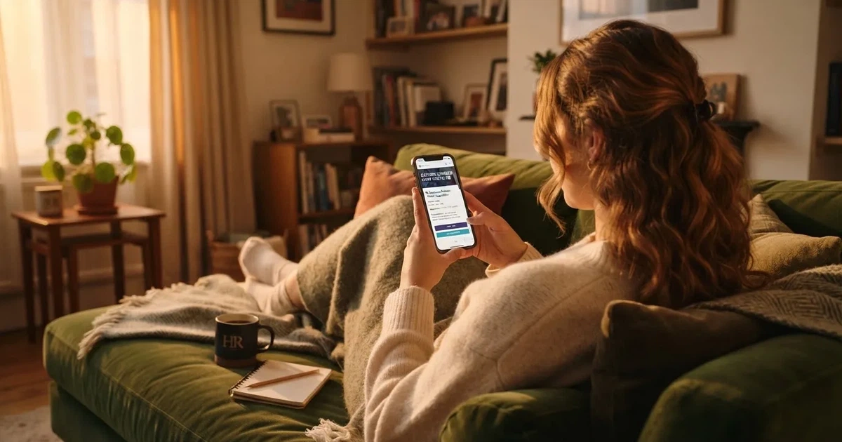 Mlada žena na kauču drži pametni telefon, pored nje šalica kave i olovka, mekano večernje svjetlo u dnevnoj sobi.