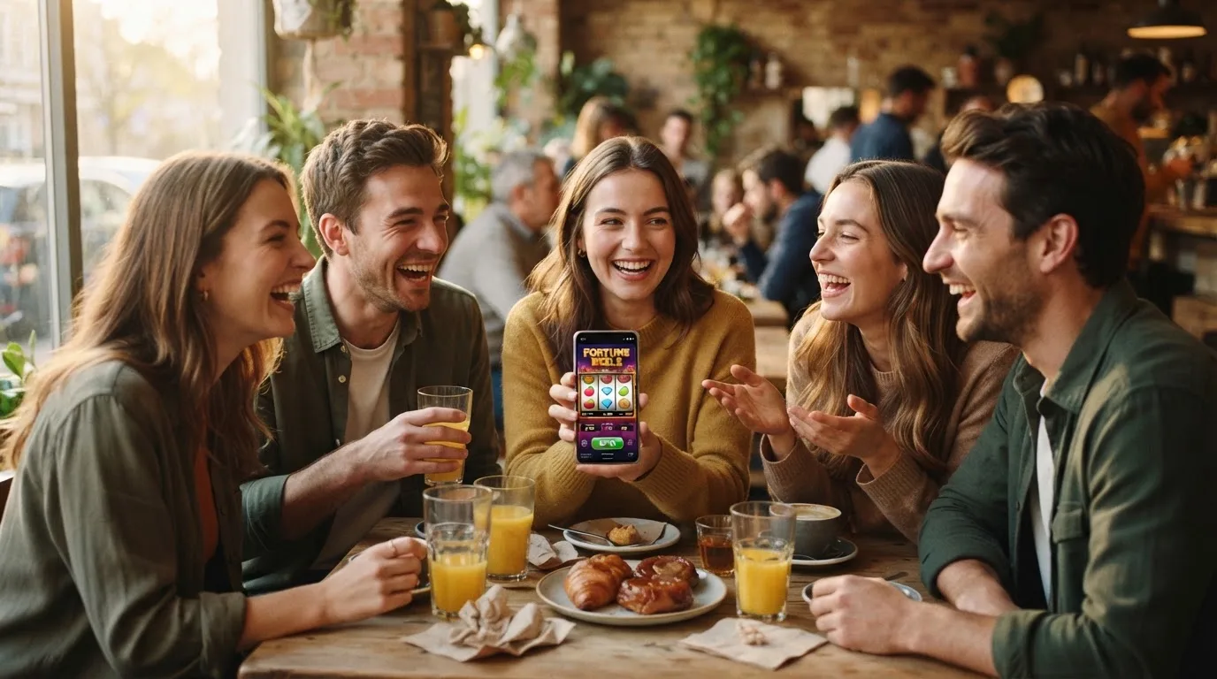 Prijatelji za stolom u kafiću smiju se, jedan drži telefon, a na stolu su čaše soka i tanjur kolača.