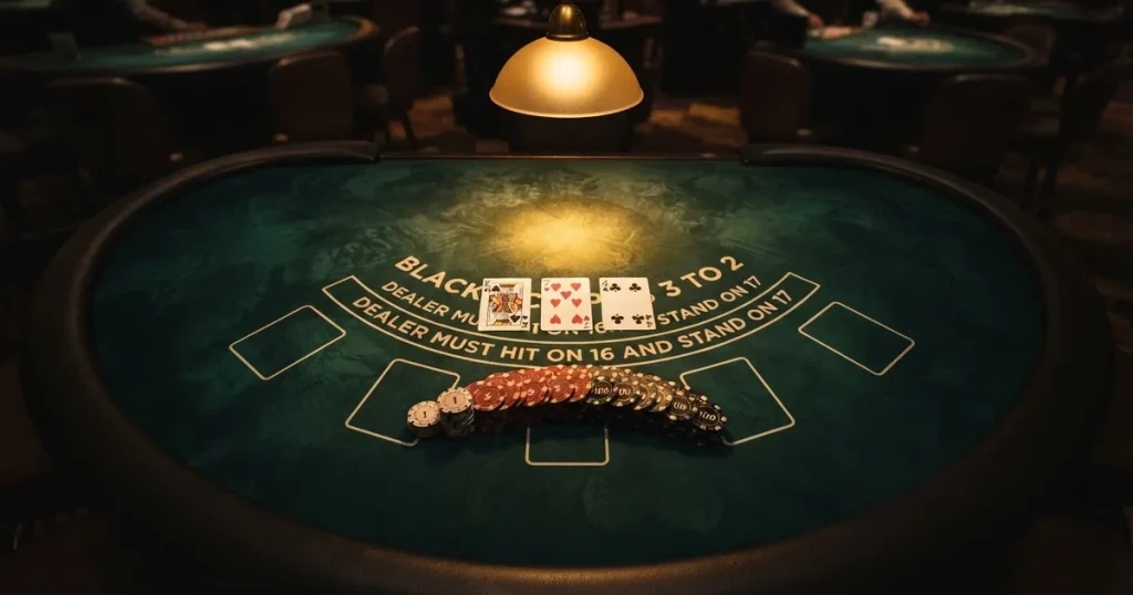 Osvijetljen stol za igru s kartama, snimljen odozgo — casino igre u hrvatskoj