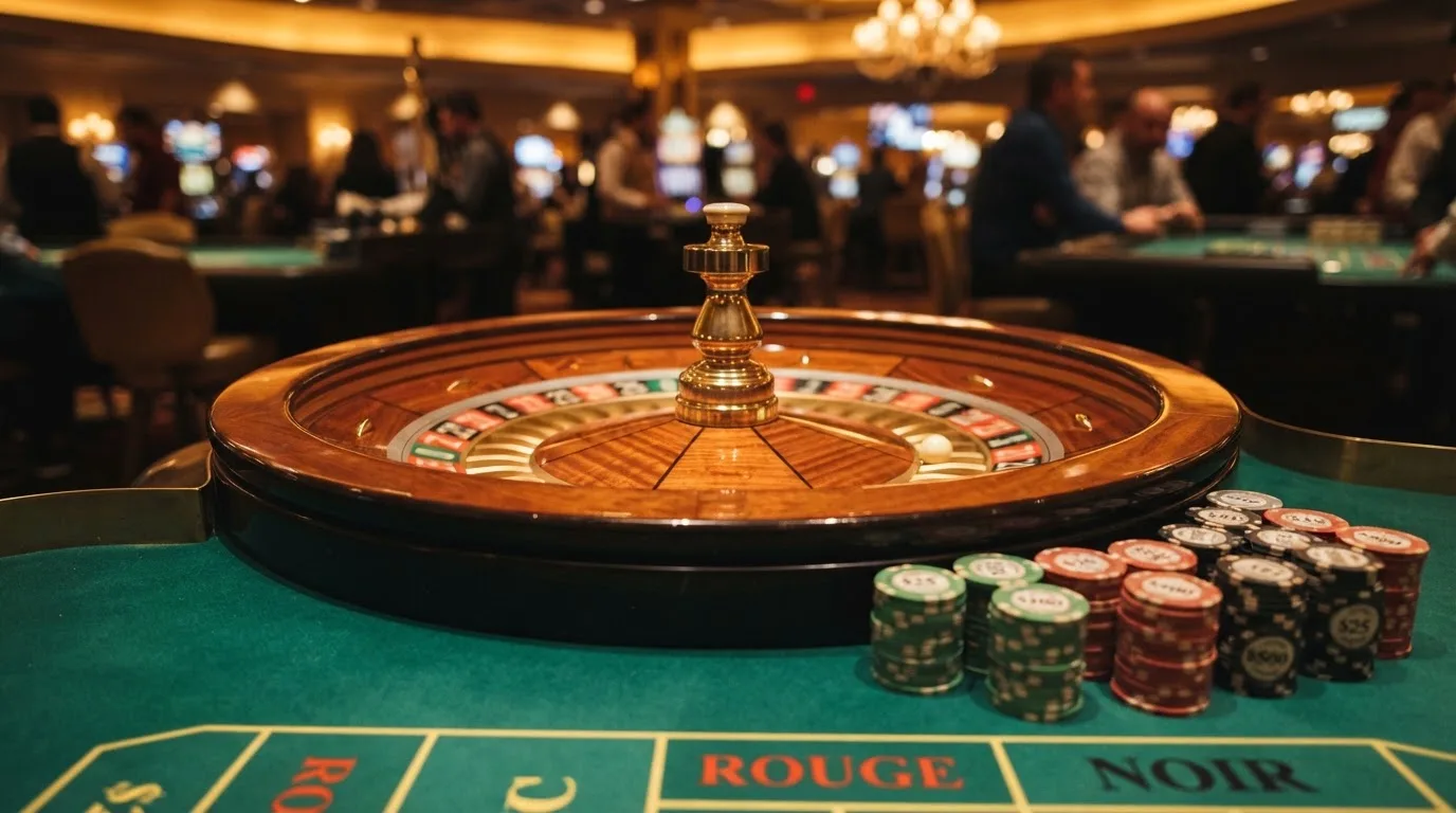 Kotač ruleta i žetoni na zelenom suknu pod toplim večernjim svjetlom — casino igre u hrvatskoj