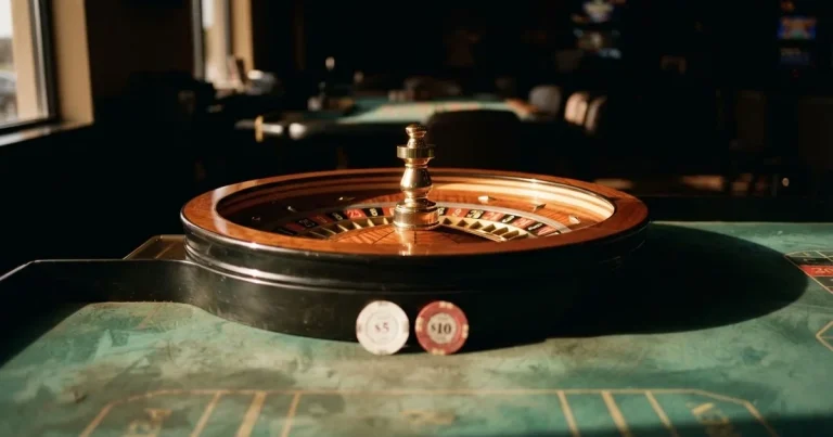 Kotač ruleta i žetoni na zelenom suknu pod toplim večernjim svjetlom — casino lutrija u hrvatskoj