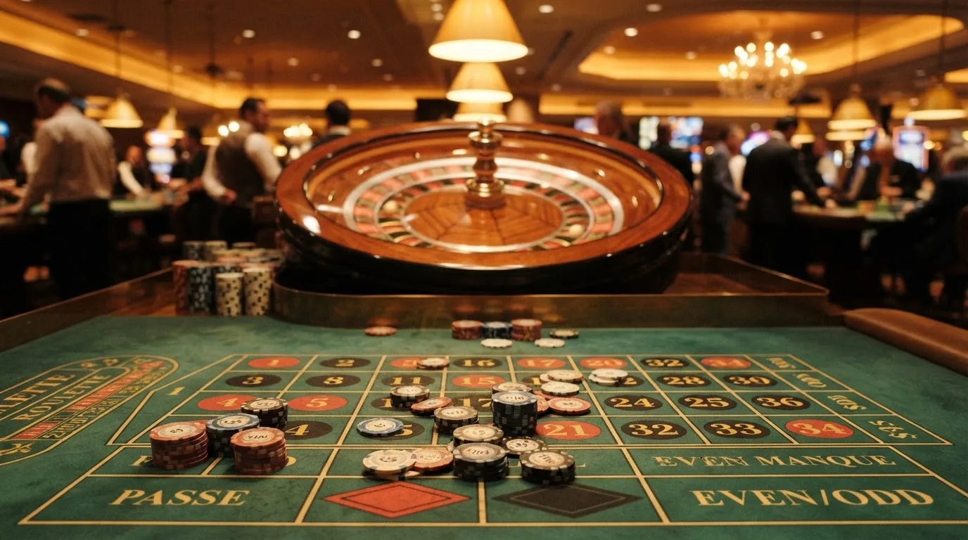 Kotač ruleta i žetoni na zelenom suknu pod toplim večernjim svjetlom — casino s apple pay u hrvatskoj
