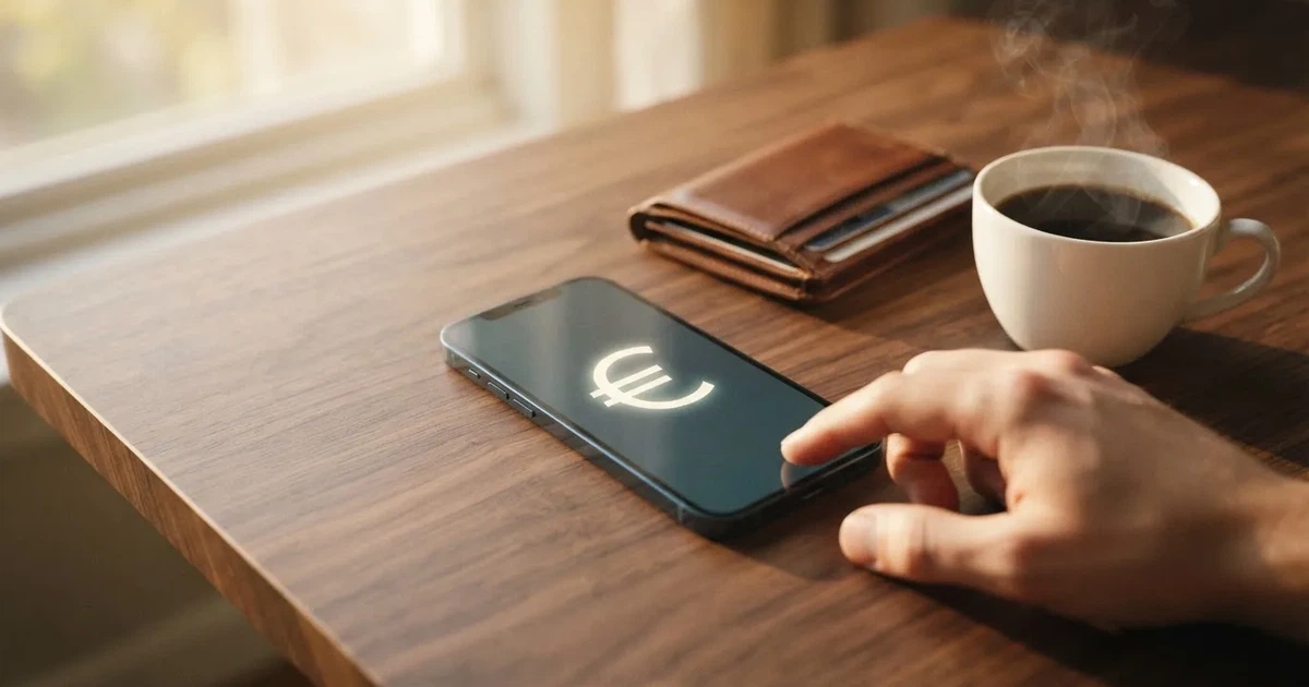 Mobitel na drvenom stolu pokraj novčanika i šalice kave — casino s bankovnim transferima