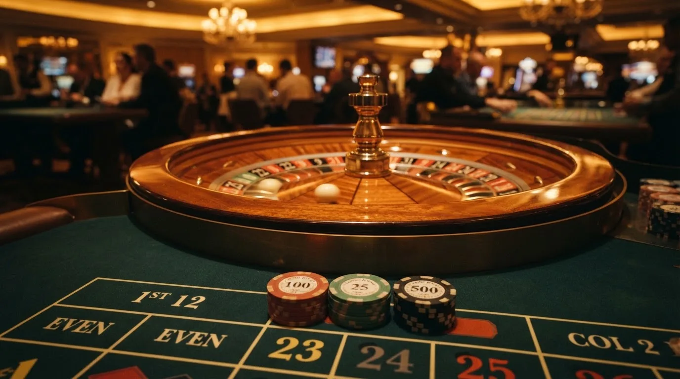 Kotač ruleta i žetoni na zelenom suknu pod toplim večernjim svjetlom — casino s bankovnim transferima