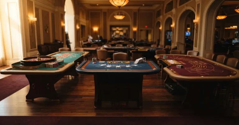 Tri različita stola za igru jedan uz drugi u mirnoj, toplo osvijetljenoj dvorani — casino stranice u hrvatskoj