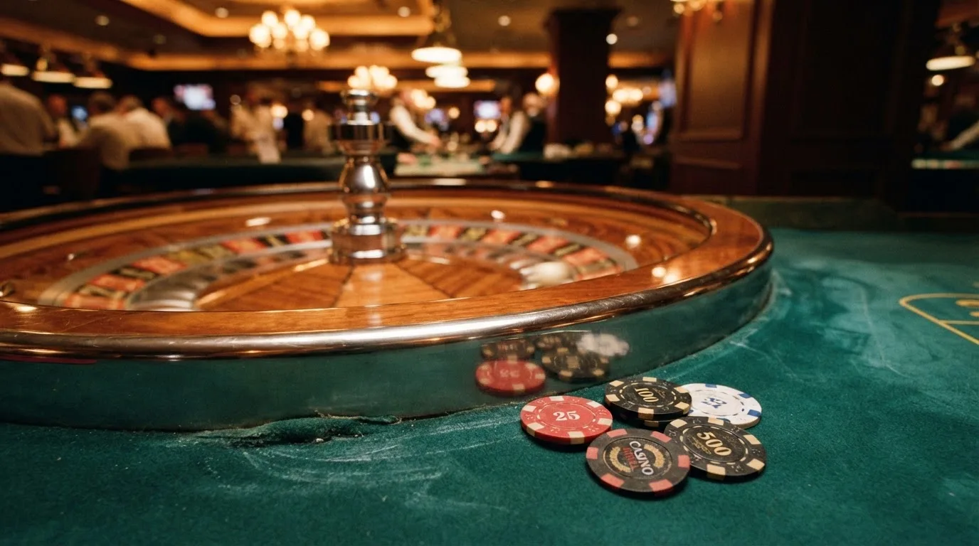 Kotač ruleta i žetoni na zelenom suknu pod toplim večernjim svjetlom — casino stranice u hrvatskoj
