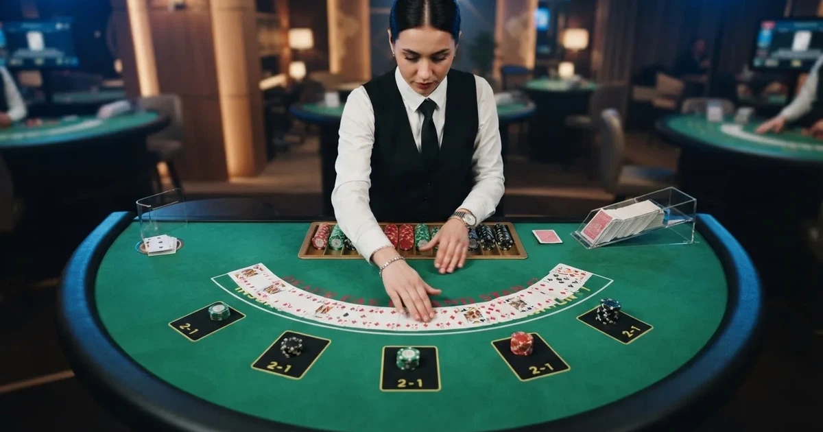 Krupijerka u crnom prsluku dijeli karte blackjacka u studiju, snimljeno kamerom s visine, meko plavo svjetlo.