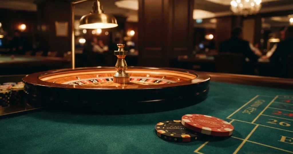 Kotač ruleta i žetoni na zelenom suknu pod toplim večernjim svjetlom — cro casino u hrvatskoj