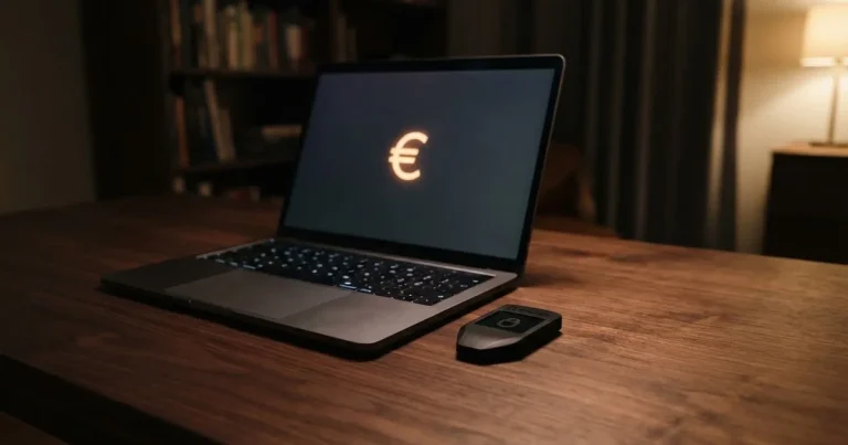 Hardverski novčanik i prijenosno računalo na stolu pod prigušenim svjetlom — ethereum casino u hrvatskoj