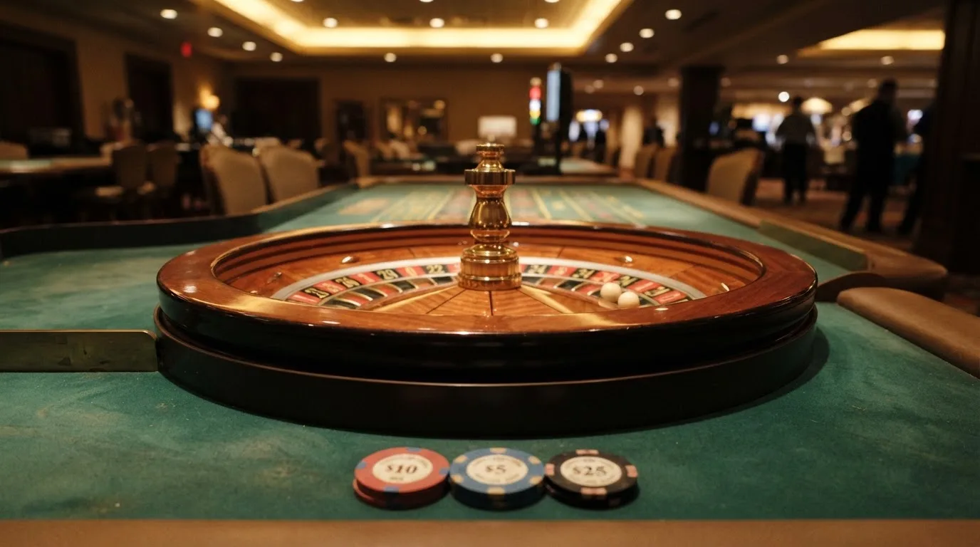 Kotač ruleta i žetoni na zelenom suknu pod toplim večernjim svjetlom — ethereum casino u hrvatskoj