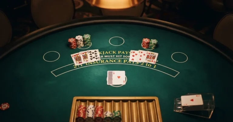 Osvijetljen stol za igru s kartama, snimljen odozgo — igrati blackjack u hrvatskoj