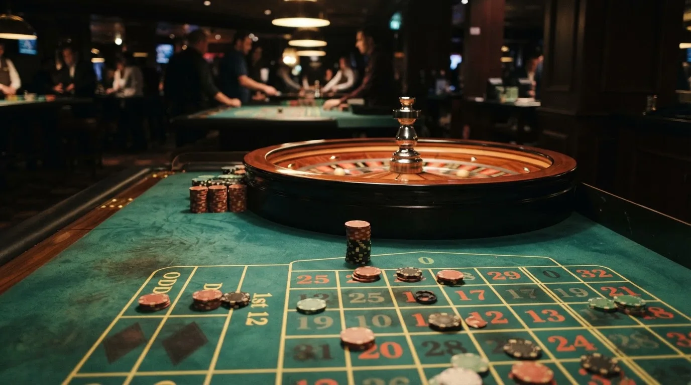 Kotač ruleta i žetoni na zelenom suknu pod toplim večernjim svjetlom — igrati blackjack u hrvatskoj