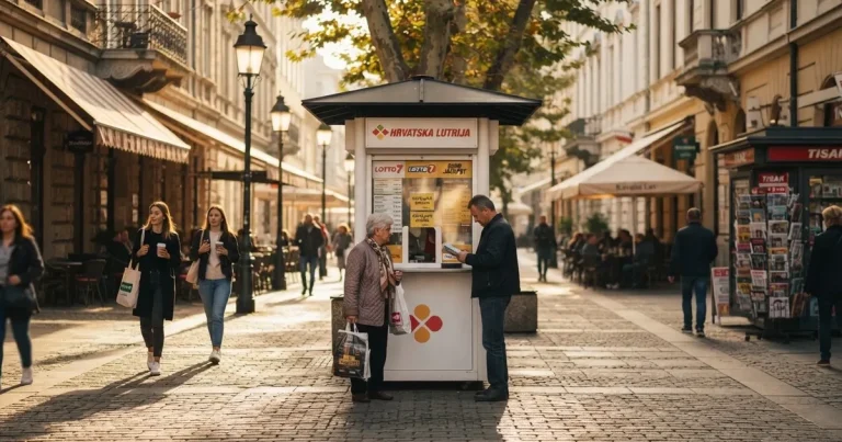 Ulica u centru Zagreba s kioskom za lutrijske listiće i prolaznicima, snimljeno danju.
