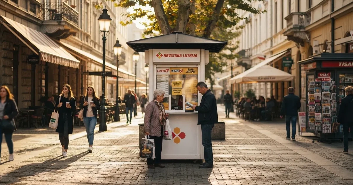 Ulica u centru Zagreba s kioskom za lutrijske listiće i prolaznicima, snimljeno danju.
