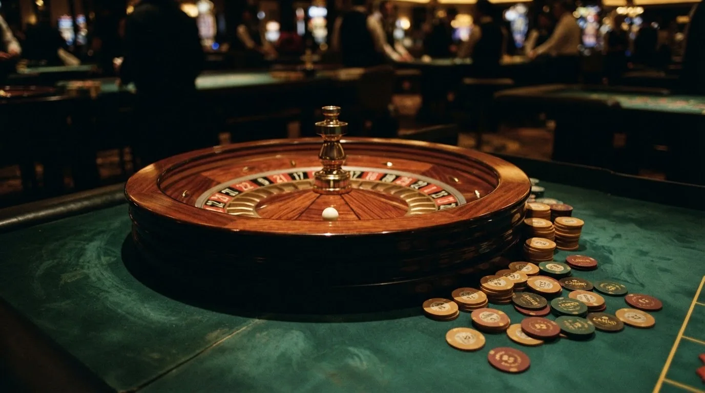 Kotač ruleta i žetoni na zelenom suknu pod toplim večernjim svjetlom — kombinacije za rulet
