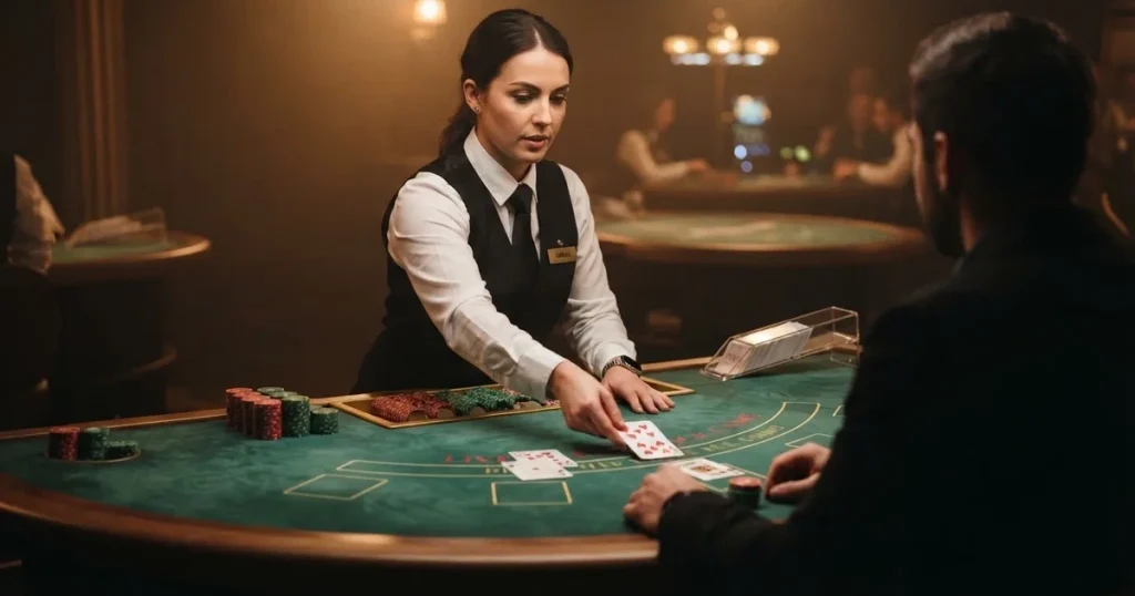 Krupije u elegantnoj uniformi dijeli karte za stolom blackjacka u studiju, snimljeno s boka pod toplim reflektorima.