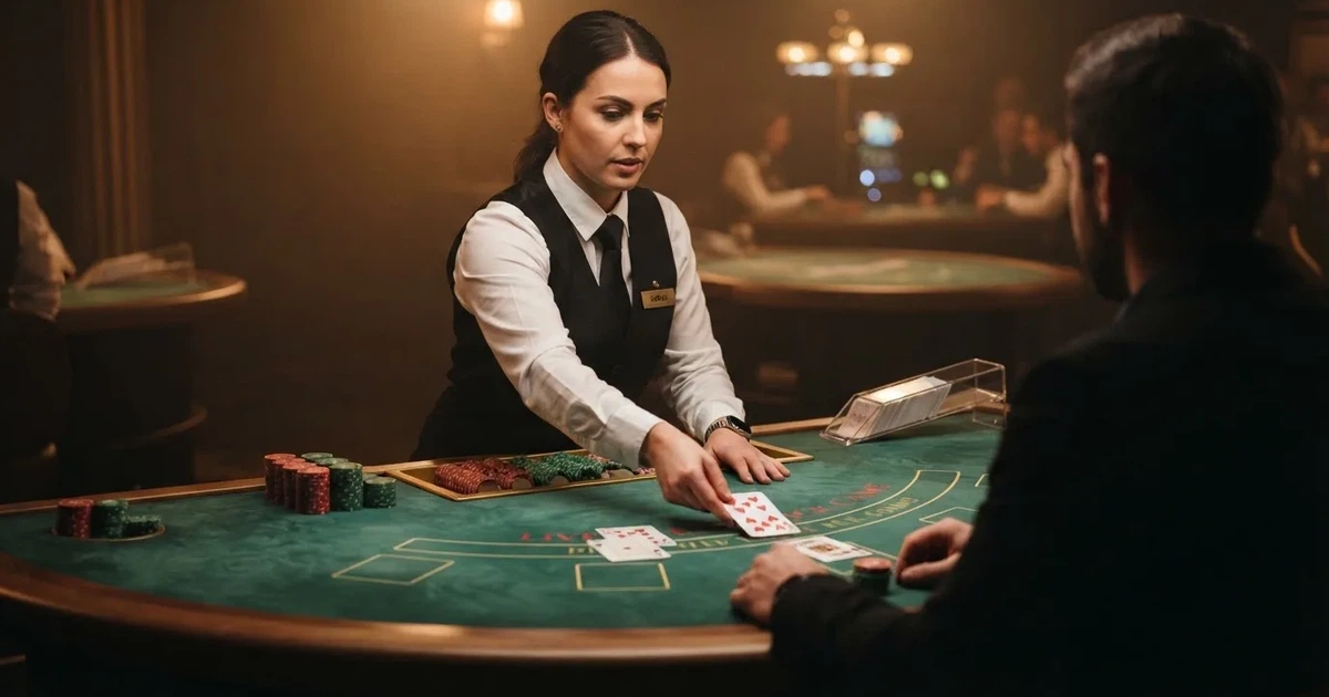 Krupije u elegantnoj uniformi dijeli karte za stolom blackjacka u studiju, snimljeno s boka pod toplim reflektorima.