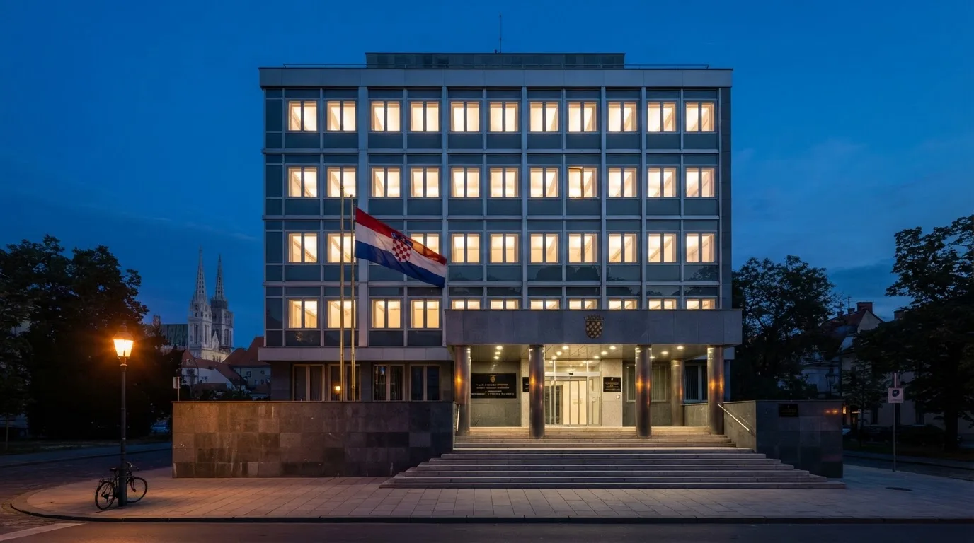 Fasada moderne državne zgrade u Zagrebu s ravnim staklenim pročeljem i hrvatskom zastavom, snimljena u sumrak.