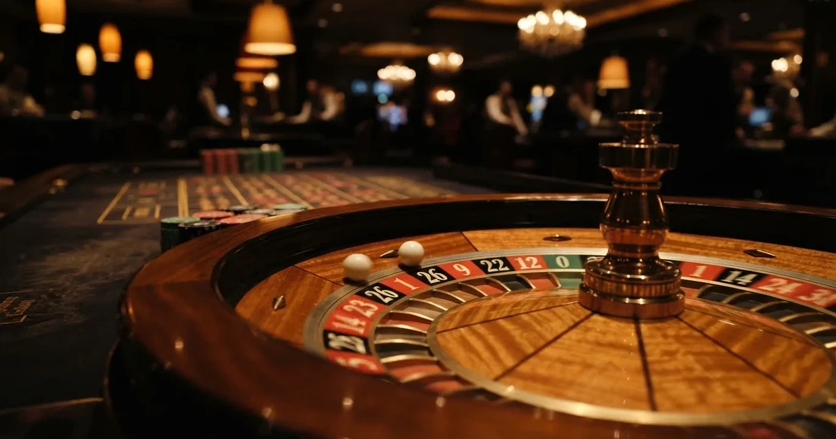 Krupni plan bijele loptice koja se vrti po rubu drvenog kotača ruleta u prigušeno osvijetljenoj dvorani.