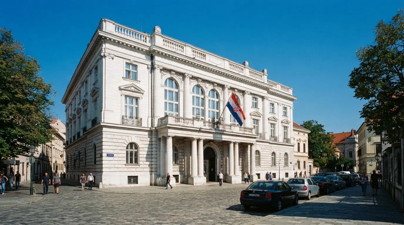 Svijetla državna zgrada u središtu Zagreba s hrvatskom zastavom na pročelju, snimljena danju pod vedrim nebom.