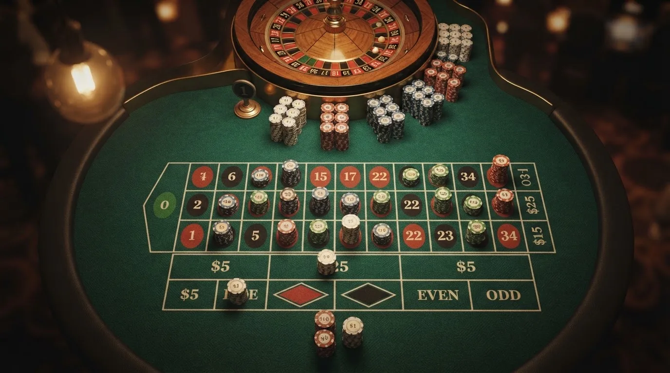 Pogled odozgo na zeleno sukno ruleta sa žetonima različitih boja složenim u male stupce, pod toplim svjetlom.